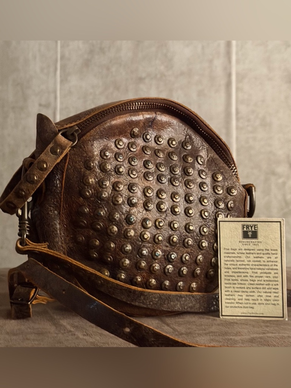 FRYE Brooke Studded Round Brown distressed leather Brass Tone studs Crossbody - Picture 5 of 9